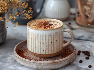 Poster - Artful Cappuccino Moment  Stylish Mug with Dusted Cocoa on Caf  Counter Setting