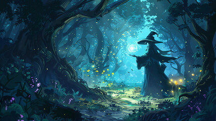 Poster - Sorcerer with a long flowing robe and pointy hat is conjuring a magic spell in an enchanted forest at night