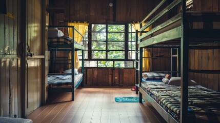 Canvas Print - A room with a bunk bed and a wooden floor. The room has a cozy and rustic atmosphere