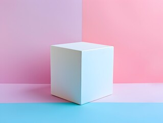 Poster - Minimalist White Cube Against Pastel Background for Versatile Product Presentation Concept