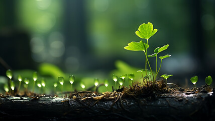Wall Mural - green forest, dew drops and wet rain on young leaves and shoots in the depths of the green forest of