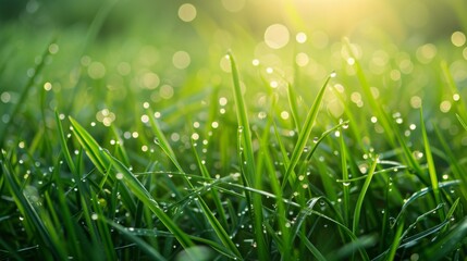 Canvas Print - Lush green grass background, captured close-up with morning dew droplets sparkling in the sunlight