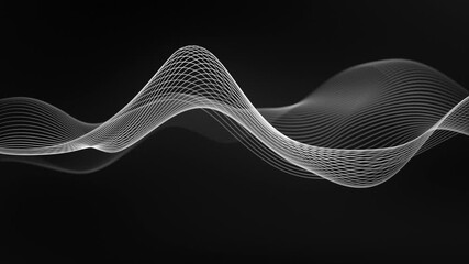 White wave on a black background. Looped vector wave of gray color. Linear wave, graphic shape flow. Digital monochrome, black and white background. Smoke illustration. Smooth water level surface.