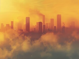 Wall Mural - A city skyline is shown with a hazy, smoggy atmosphere