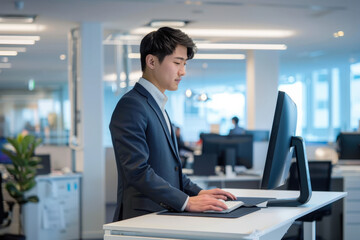 Poster - Young business professional is standing at his standing  desk while typing on a keyboard in a modern office