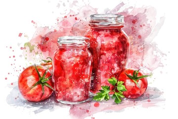 Wall Mural - Watercolor Tomato Collection. Colorful Illustration of Ripe Tomatoes and Homemade Sauce