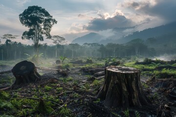 Wall Mural - A forest with a few trees and a few logs