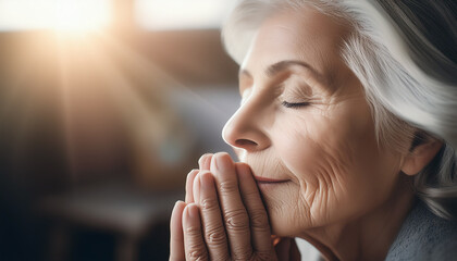 Elderly woman in prayer with sunlight illuminating her face. Peaceful and spiritual moment reflecting deep contemplation and faith