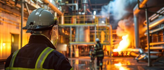 Wall Mural - A man in a yellow vest and a hard hat stands in front of a fire