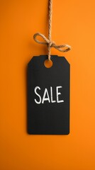 Black sale tag with white lettering hanging by twine against vibrant orange background, symbolizing retail discounts and promotional offers.Black Friday concept