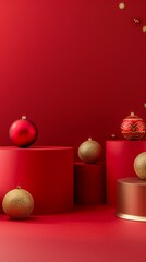 Wall Mural - Festive red and gold Christmas ornaments elegantly arranged on geometric platforms against a rich crimson background, creating a luxurious holiday display.