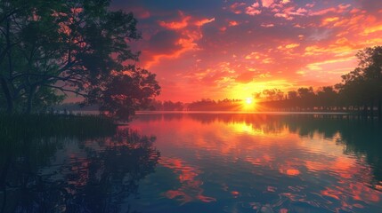 Wall Mural - Serene Sunrise Over a Tranquil Lake