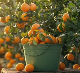 a grass green bucket brimming with freshly-picked oranges is placed on a sunny veranda, with an oran