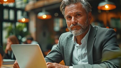Poster - This Professional man focused on his laptop while seated in a contemporary cafe