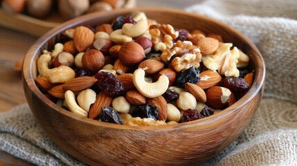 A variety of mixed nuts and dried fruits in a wooden bowl, perfect for a healthy snack.