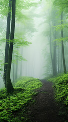 Wall Mural - misty landscape in a fresh green spring forest, vertical panoramic view, trunks of green trees in th