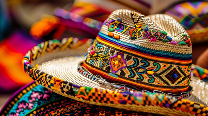 Close-up of a Mexican sombrero with colorful patterns against a traditional market background, depicting cultural heritage and vibrant textures. This traditional hat, captured in vivid detail with a C