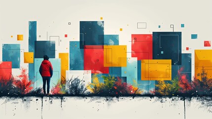 Wall Mural - Digital design and visual material drawing neubrutalism tiny person concept. Website layout, interface or corporate style creation with geometric figures, fonts, color and shapes vector illustration
