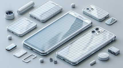 Wall Mural - ealistic smartphone mockup. Device UI/UX mockup for presentation template. . Cellphone frame with blank display isolated templates, phone different angles views. 3d isometric illustration cell phone