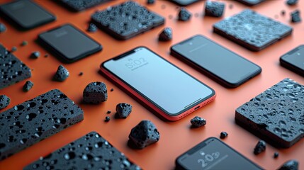 ealistic smartphone mockup. Device UI/UX mockup for presentation template. . Cellphone frame with blank display isolated templates, phone different angles views. 3d isometric illustration cell phone