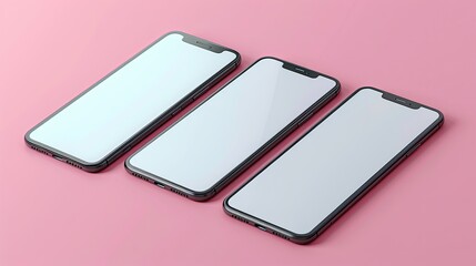 Wall Mural - ealistic smartphone mockup. Device UI/UX mockup for presentation template. . Cellphone frame with blank display isolated templates, phone different angles views. 3d isometric illustration cell phone