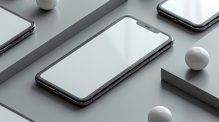 Wall Mural - ealistic smartphone mockup. Device UI/UX mockup for presentation template. . Cellphone frame with blank display isolated templates, phone different angles views. 3d isometric illustration cell phone