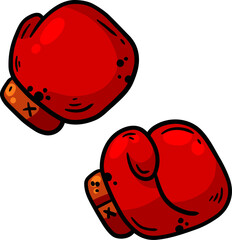 Boxing glove. Two red elements of athletic sportswear. Professional Fist fight. Cartoon drawn illustration. Sport fitness equipment. Fight and hit. Punch and combat.