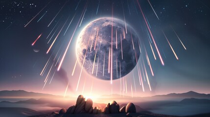 Canvas Print - A surreal view of a meteor shower painting streaks of light across the backdrop of a lunar eclipse