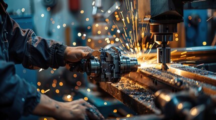 Poster - A machinist works diligently at a lathe, cutting metal with precision while sparks fly and shavings scatter in the fabrication area