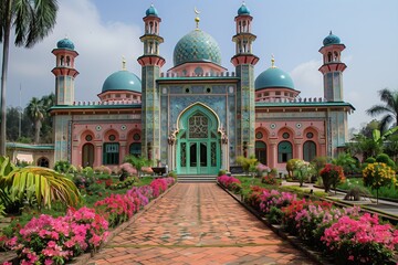 Vibrant Mosque Surrounded by Lush Gardens and Colorful Flowers in a Serene Location