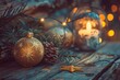 © AIGen - Seasonal Decor. Christmas Celebration with Advent Candlelight Burning on Dark Wooden Background