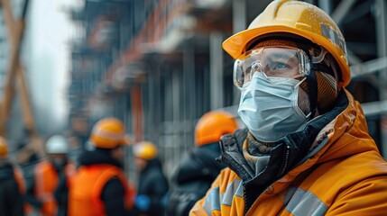 Wall Mural - Construction Worker Safety: A close-up portrait of a construction worker wearing a protective mask and safety glasses, showcasing the importance of safety protocols in the workplace. 