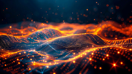 Poster - A digital landscape composed of glowing lines and particles, resembling undulating waves, representing data, technology, and modern aesthetics.