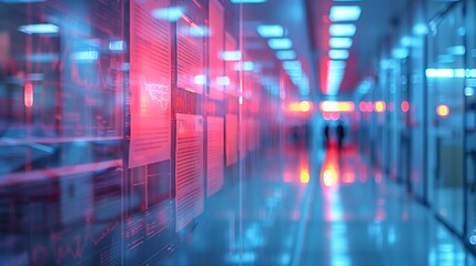 Poster - A blurred view of a hallway in an office building with red and blue lighting, showing posters and people walking in the distance.