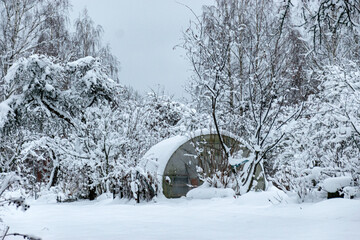 Wall Mural - garden in winter, covered with snow, fruit trees, garden house and garden accessories