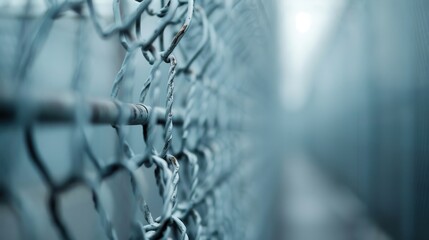 A detailed close-up of a chain link fence with a blue tinted background depicting boundaries, separation, and limitations, commonly seen around fields or restricted areas.