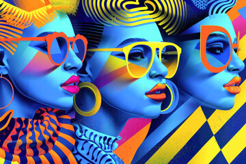 Poster - A vibrant, colorful abstract artwork featuring three faces wearing glasses, showcasing bold designs and bright, eye-catching colors in a surreal style.