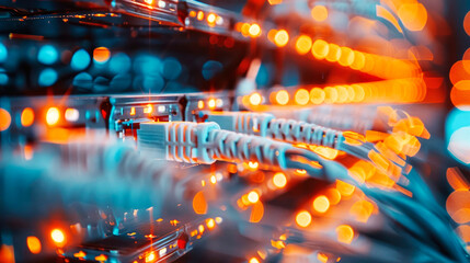 Poster - This image displays a close-up view of network cables connected to a server, illuminated by glowing lights, symbolizing digital connectivity and technology.
