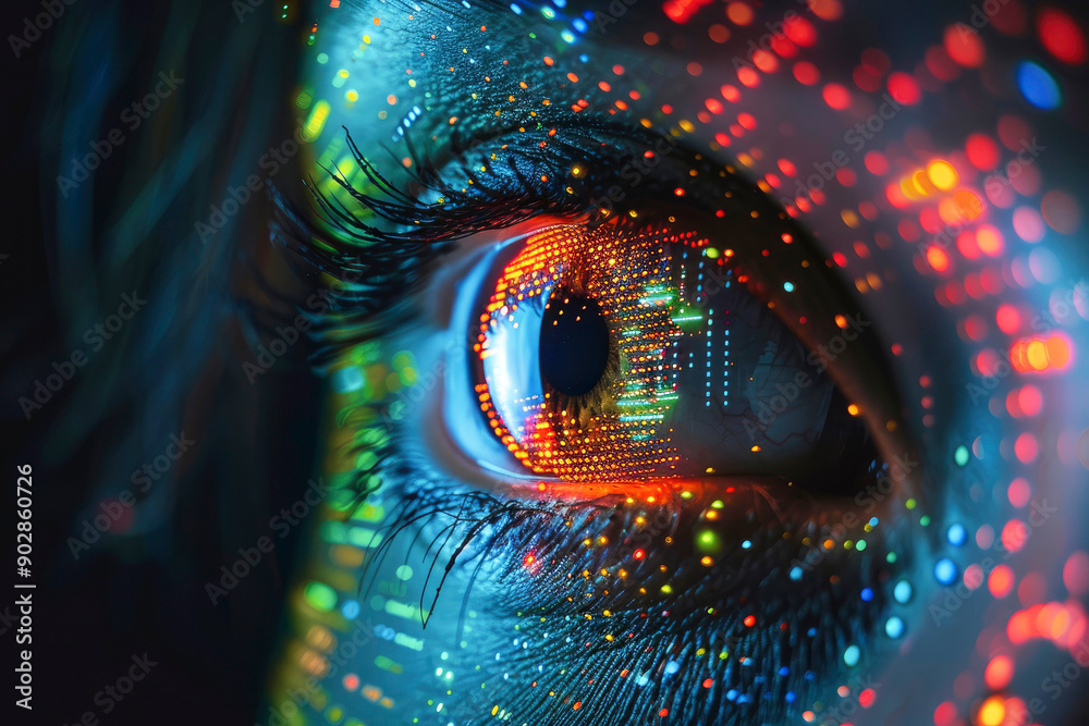 A detailed close-up of a human eye with vibrant and colorful digital ...