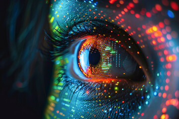 Poster - A detailed close-up of a human eye with vibrant and colorful digital effects, representing technology and digital transformation in modern life.