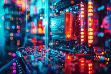 Poster - A close-up shot of a glowing and colorful computer server, highlighting the intricate technology and the vibrant hues of modern computing hardware.