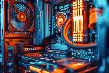 Poster - A detailed, close-up look at the interior of a glowing computer with visible circuit boards, cooling fans, and vibrant lighting emphasizing technology's beauty.