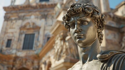 realistic bronze sculpture of david with intricate renaissance architecture in the background