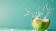 © faysal - Isolated against a copy space backdrop of pastel summer blue, coconut water splattering out of a fresh green coconut, Generative AI.