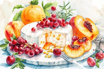 Wall Mural - Delicious Fruit and Cheese Dessert. Watercolor Drawing of Hand-Drawn Cottage Cheese with Fresh Fruits