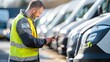 © Natpasit - A fleet manager in a high-visibility jacket uses a smartphone to inspect a row of parked vans on a sunny day..