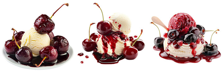 Set of Cherry Jubilee dessert with plump cherries and a scoop of vanilla ice cream isolated on transparent background