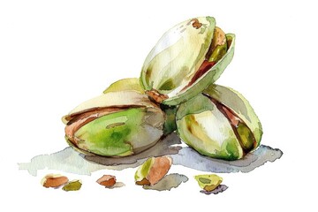 Poster - Delicious Pistachio Snack. Watercolor Hand-Drawn Illustration of Salted Nut Kernel on White Background