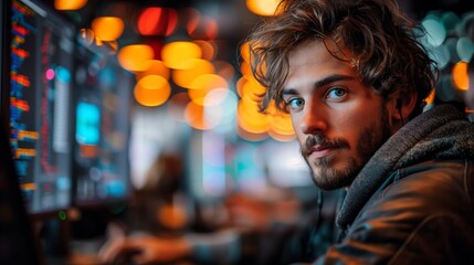 Poster - Young man analyzing data on multiple screens. Young man with headphones, looking at multiple computer screens displaying data, in a modern workspace with colorful lights.