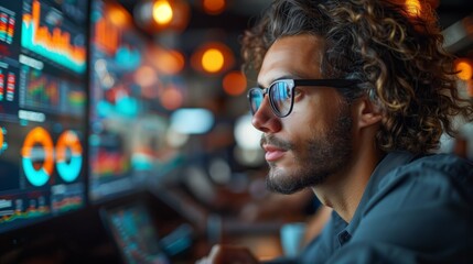 Fototapete - Focused man with glasses reviewing financial data. Man with glasses intensely reviewing financial data on multiple computer screens, surrounded by colorful graphical charts.